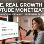 Smiling content creator checking channel monetization analytics after deciding to safely buy YouTube subscribers real.