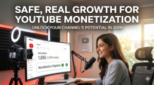 Smiling content creator checking channel monetization analytics after deciding to safely buy YouTube subscribers real.