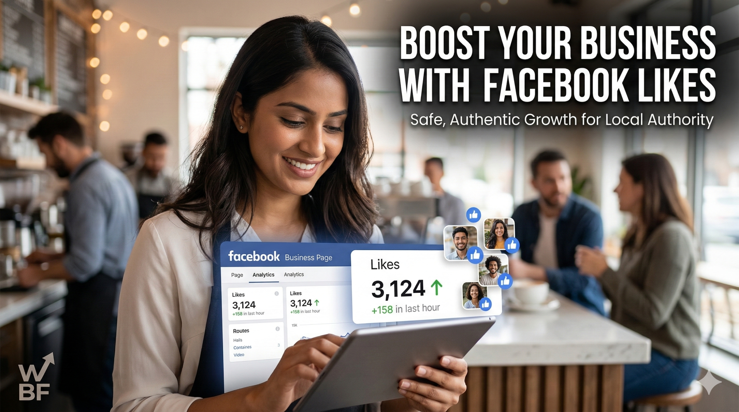 ocal business owner checking tablet analytics after deciding to buy Facebook page likes real and active.