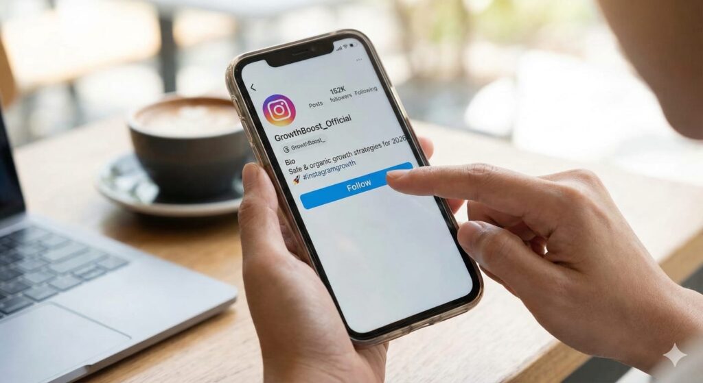 person buying Instagram followers safely on phone 2026