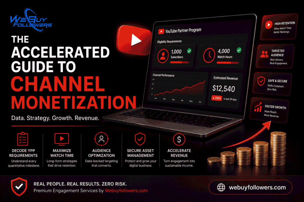 Professional featured image showing YouTube channel monetization, audience growth, watch time optimization, and secure creator revenue strategies.