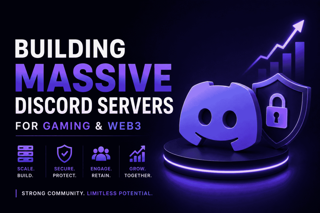 Professional featured image showing Discord community growth, secure server management, gaming and Web3 engagement, and scalable digital community building.