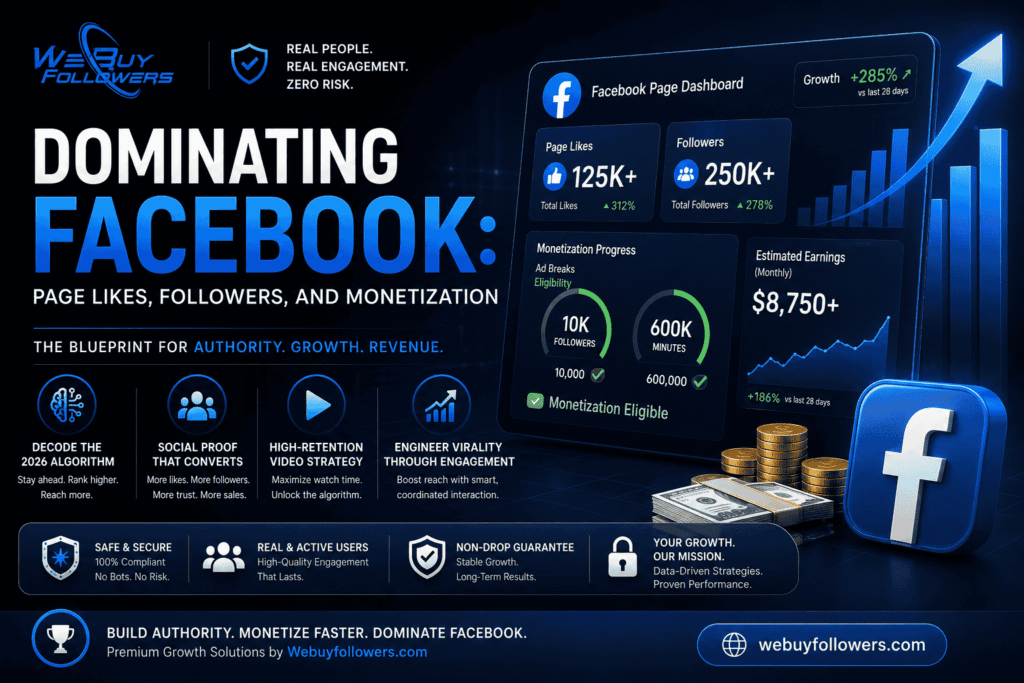 Professional featured image showing Facebook page growth, followers, monetization strategy, engagement analytics, and digital authority building.