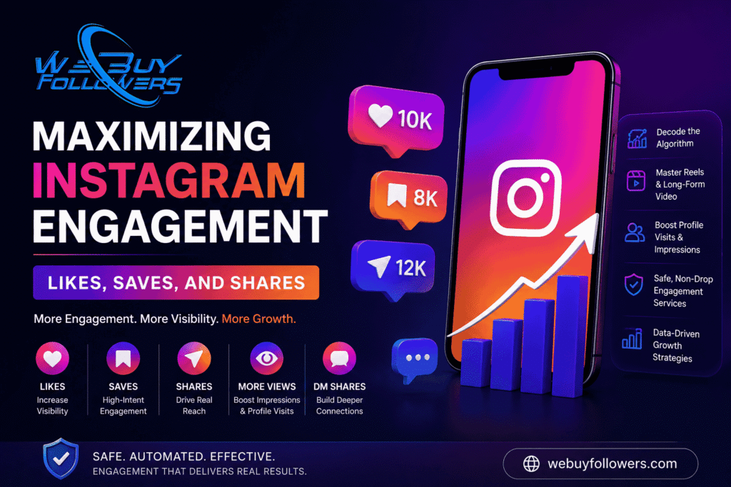 Professional featured image showing Instagram engagement growth through likes, saves, shares, profile visits, and safe automated strategies.