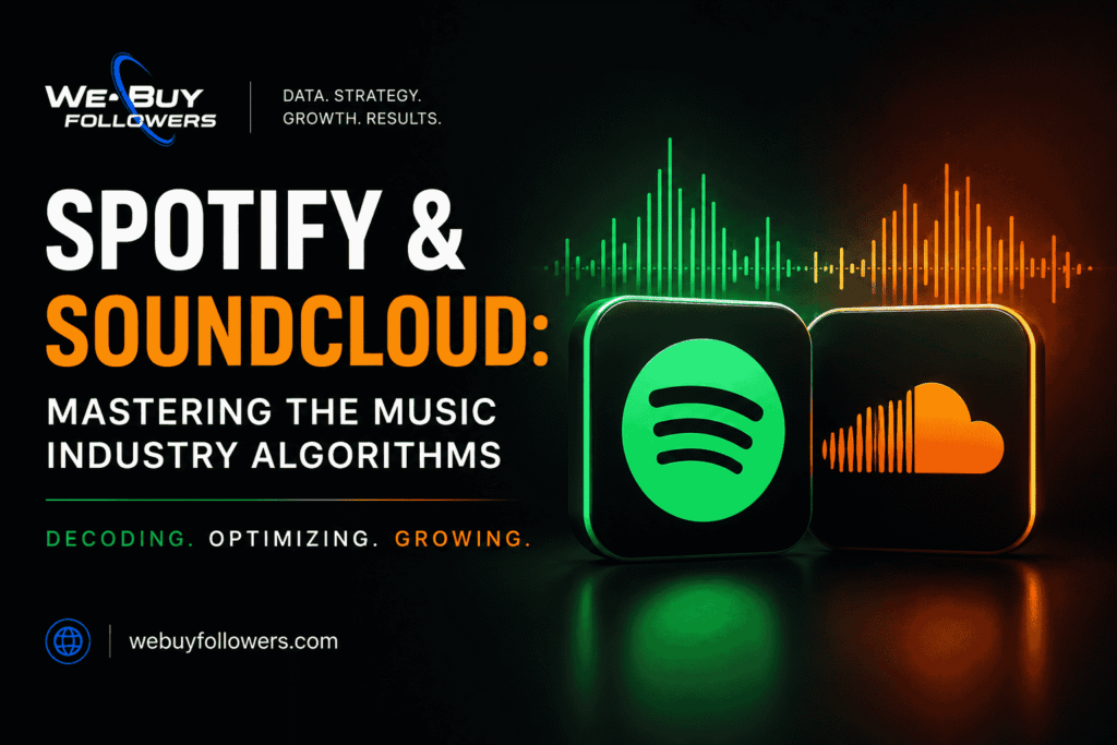 Professional featured image showing Spotify and SoundCloud growth strategies, music streaming algorithms, audience expansion, and digital music promotion.