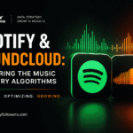 Professional featured image showing Spotify and SoundCloud growth strategies, music streaming algorithms, audience expansion, and digital music promotion.