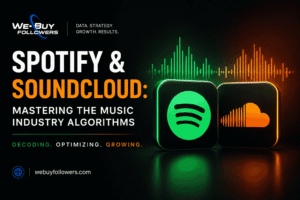 Professional featured image showing Spotify and SoundCloud growth strategies, music streaming algorithms, audience expansion, and digital music promotion.