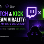 Professional featured image showing Twitch and Kick stream growth, affiliate status strategies, live streaming virality, and audience engagement.