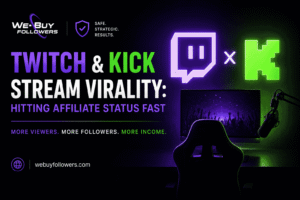 Professional featured image showing Twitch and Kick stream growth, affiliate status strategies, live streaming virality, and audience engagement.