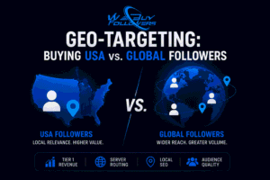 Professional featured image comparing USA and global followers, audience targeting strategies, geographic segmentation, local SEO benefits, and social media growth optimization.