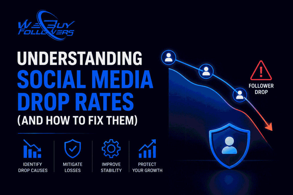 Professional featured image showing social media drop rate analysis, audience retention strategies, follower stability, digital asset protection, and long-term growth management.